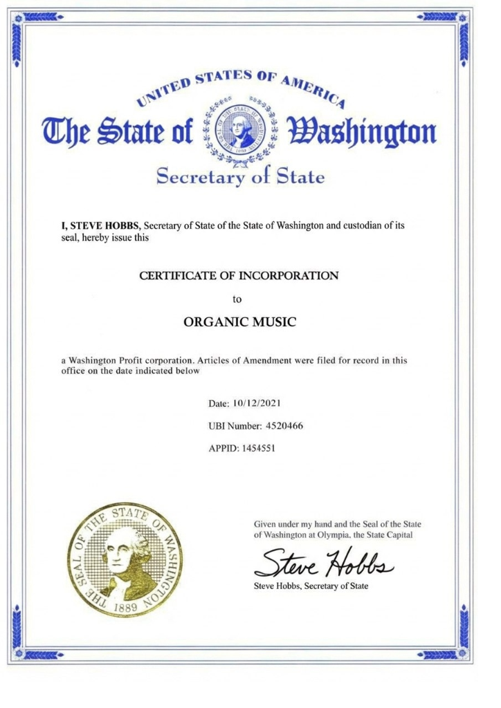Official Certificate of Incorporation - Organic Music